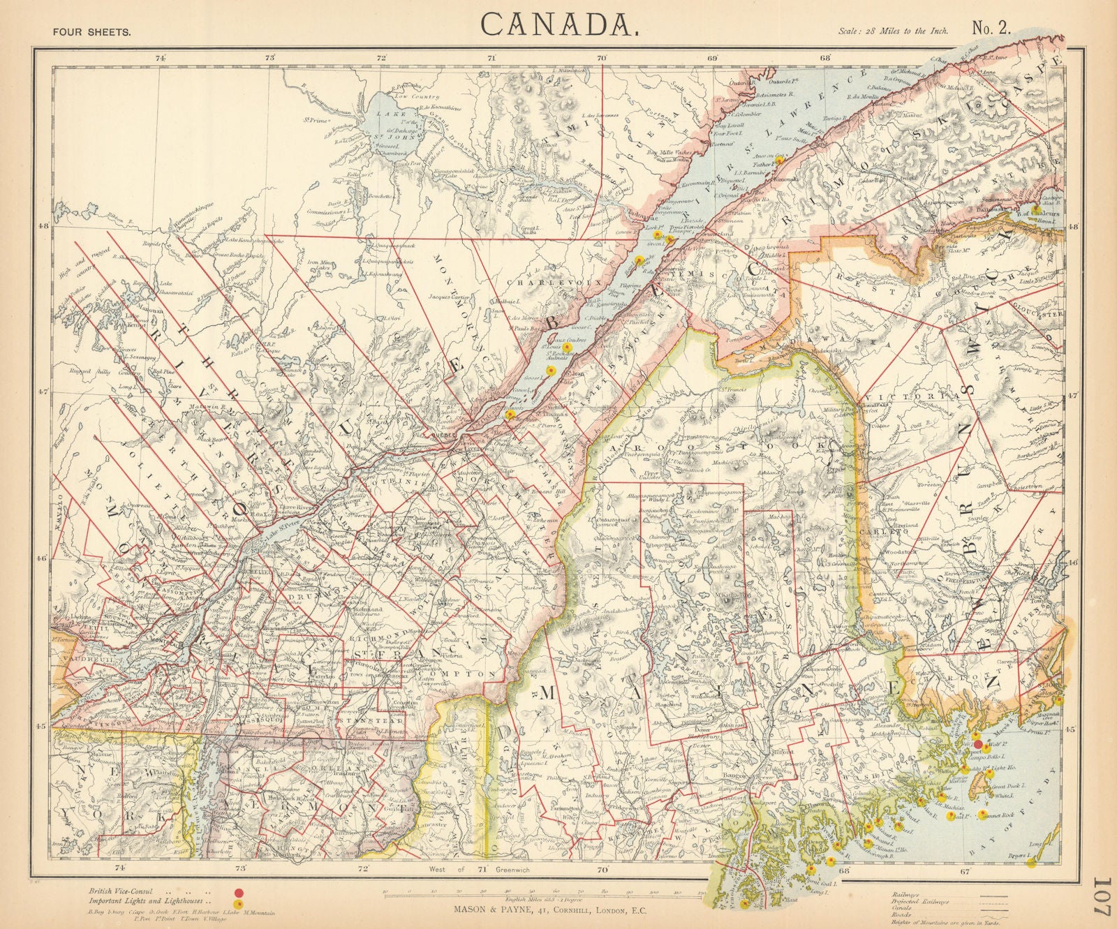 QUEBEC Québec. St Lawrence lighthouses. Maine.New Brunswick.LETTS 1892 old map
